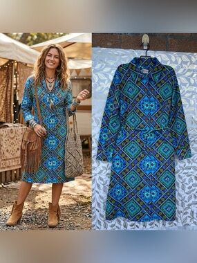 Country Miss Vintage 1970s Knit Dress M Blue Green Geometric Whimsigoth Boho